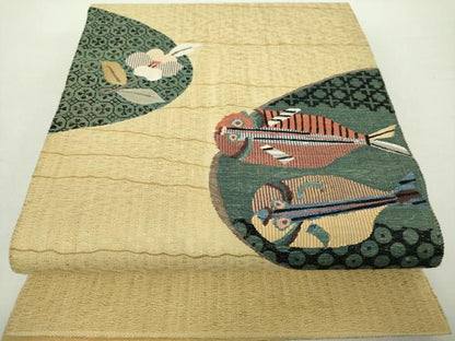 平和屋着物●太鼓柄袋帯 スリーシーズン帯 春 夏 秋 すくい織 魚 草花文 反端付き 正絹 逸品 未使用 DABA1697ps