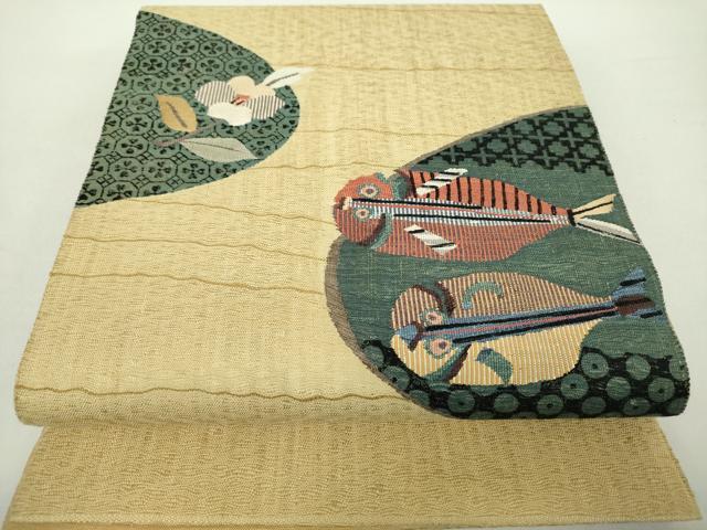 平和屋着物●太鼓柄袋帯 スリーシーズン帯 春 夏 秋 すくい織 魚 草花文 反端付き 正絹 逸品 未使用 DABA1697ps