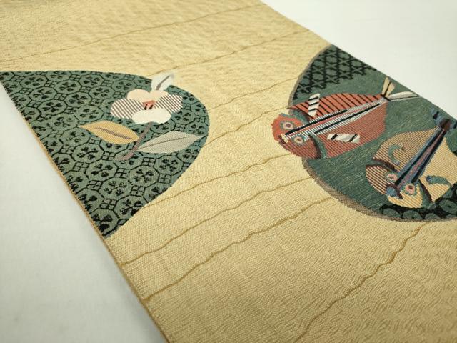 平和屋着物●太鼓柄袋帯 スリーシーズン帯 春 夏 秋 すくい織 魚 草花文 反端付き 正絹 逸品 未使用 DABA1697ps