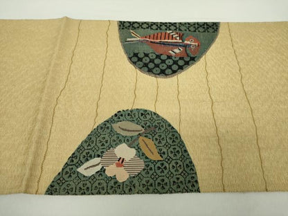 平和屋着物●太鼓柄袋帯 スリーシーズン帯 春 夏 秋 すくい織 魚 草花文 反端付き 正絹 逸品 未使用 DABA1697ps
