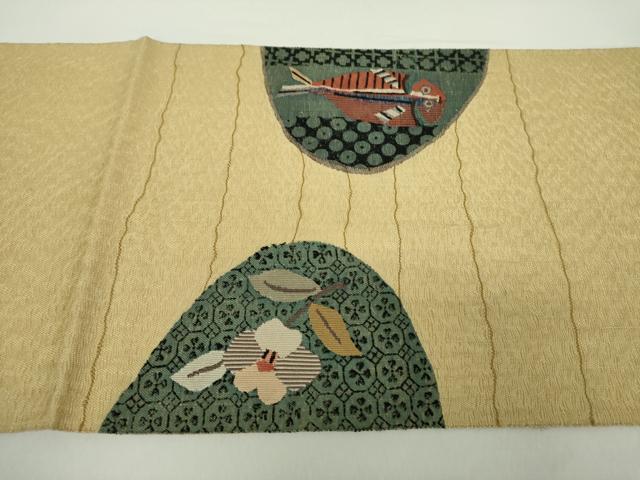 平和屋着物●太鼓柄袋帯 スリーシーズン帯 春 夏 秋 すくい織 魚 草花文 反端付き 正絹 逸品 未使用 DABA1697ps