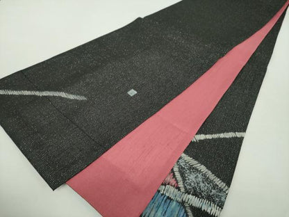平和屋着物●太鼓柄袋帯　作家物　紬地　霞文　黒地　金彩　銀通し地　正絹　逸品　未使用　DABA1713ps