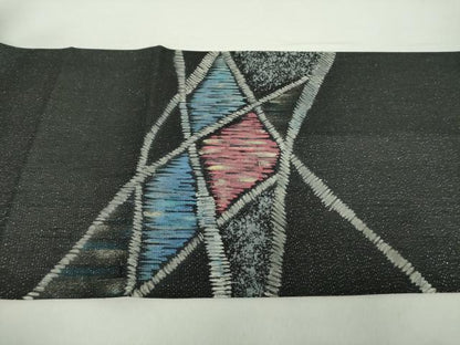 平和屋着物●太鼓柄袋帯　作家物　紬地　霞文　黒地　金彩　銀通し地　正絹　逸品　未使用　DABA1713ps