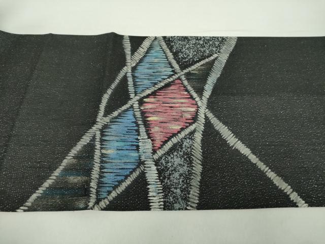平和屋着物●太鼓柄袋帯　作家物　紬地　霞文　黒地　金彩　銀通し地　正絹　逸品　未使用　DABA1713ps