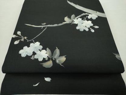 平和屋着物●塩瀬　両面　太鼓柄袋帯　手描き　枝桜　黒地　金彩　正絹　逸品　DABA1719ps