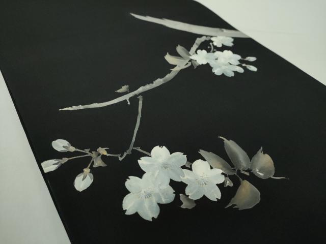 平和屋着物●塩瀬　両面　太鼓柄袋帯　手描き　枝桜　黒地　金彩　正絹　逸品　DABA1719ps