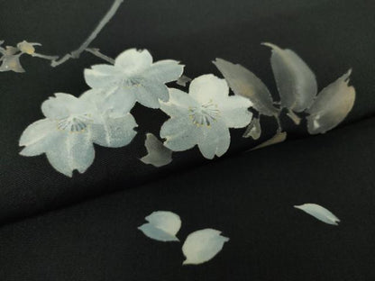 平和屋着物●塩瀬　両面　太鼓柄袋帯　手描き　枝桜　黒地　金彩　正絹　逸品　DABA1719ps