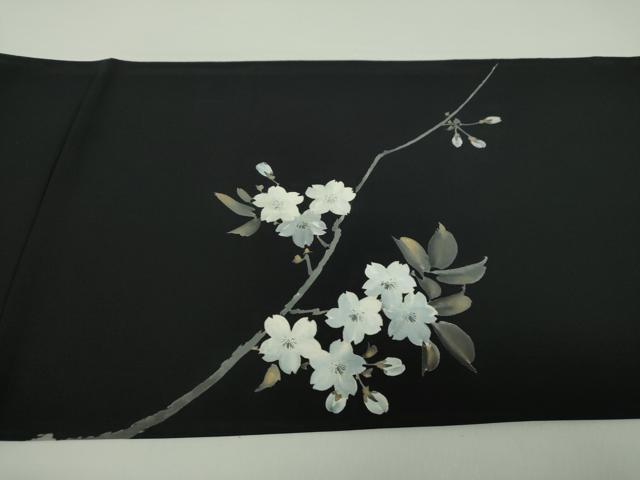 平和屋着物●塩瀬　両面　太鼓柄袋帯　手描き　枝桜　黒地　金彩　正絹　逸品　DABA1719ps