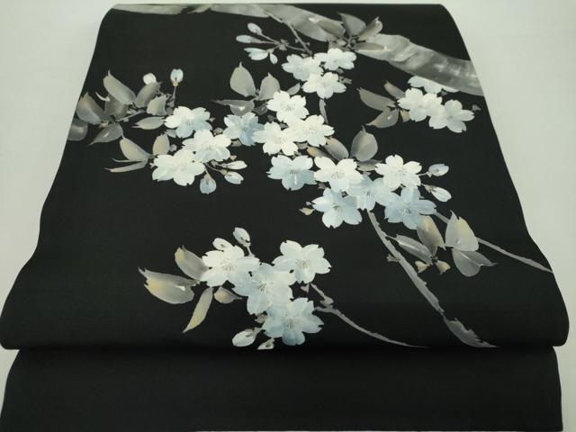 平和屋着物●塩瀬　両面　太鼓柄袋帯　手描き　枝桜　黒地　金彩　正絹　逸品　DABA1719ps