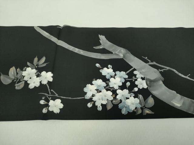 平和屋着物●塩瀬　両面　太鼓柄袋帯　手描き　枝桜　黒地　金彩　正絹　逸品　DABA1719ps