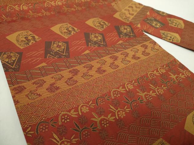 平和屋着物●全通柄九寸名古屋帯　名物裂花文　笹蔓緞子　正絹　逸品　DABA1724ps