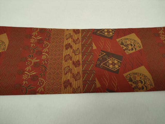 平和屋着物●全通柄九寸名古屋帯　名物裂花文　笹蔓緞子　正絹　逸品　DABA1724ps