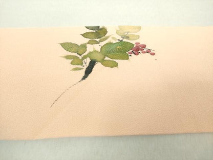 平和屋着物●九寸名古屋帯　手描き　草花文　鬼しぼ縮緬　金彩　正絹　逸品　DABA1725ps