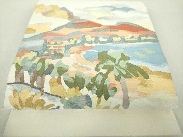 平和屋着物●爪掻き本綴れ　八寸名古屋帯　霞文　金銀糸　正絹　逸品　DABA0594cm 平和屋着物○爪掻き本綴れ 八寸名古屋帯 水辺風景 金銀糸