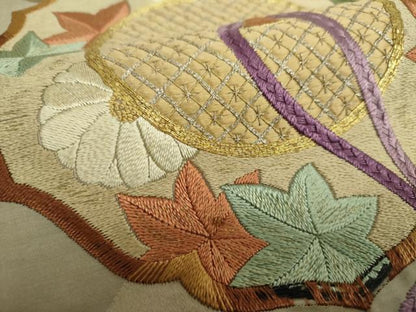 平和屋着物●アンティーク　大正ロマン　中国三大刺繍　相良刺繍　丸帯　駒刺繍　総手刺繍　鏡裏花文　金銀糸　正絹　逸品　DABA1729ps