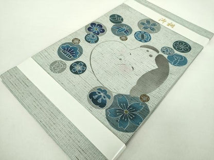 平和屋着物●両面　太鼓柄袋帯　ぜんまい紬　型染　藍　おかめ　宝尽くし花文　正絹　逸品　DABA1755ps