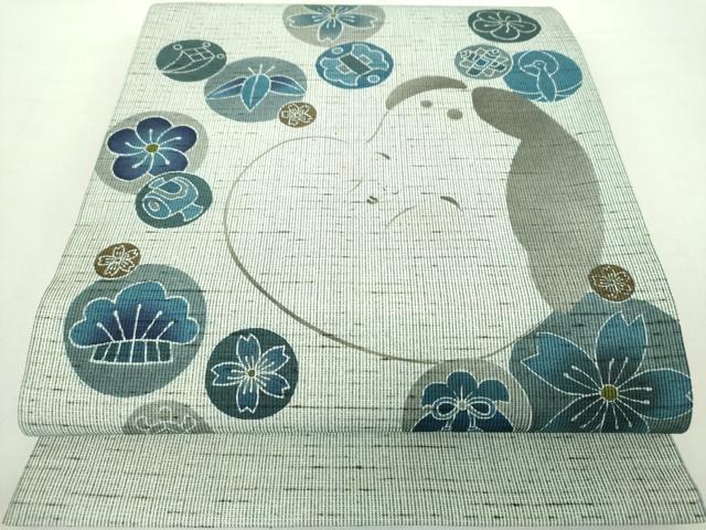 平和屋着物●両面　太鼓柄袋帯　ぜんまい紬　型染　藍　おかめ　宝尽くし花文　正絹　逸品　DABA1755ps 平和屋着物○両面 太鼓柄袋帯 ぜんまい紬 型染 藍 おかめ 宝尽くし花