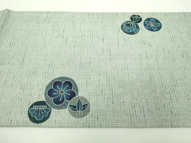平和屋着物○両面 太鼓柄袋帯 ぜんまい紬 型染 藍 おかめ 宝尽くし花