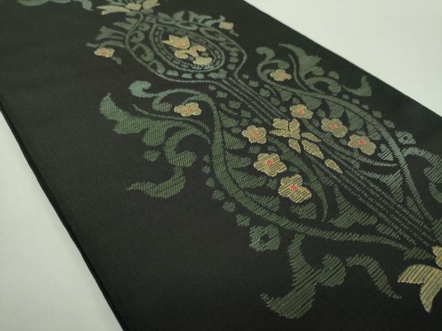 平和屋着物●六通柄　本袋帯　洋花文　黒地　金糸　正絹　逸品　DABA1778ps