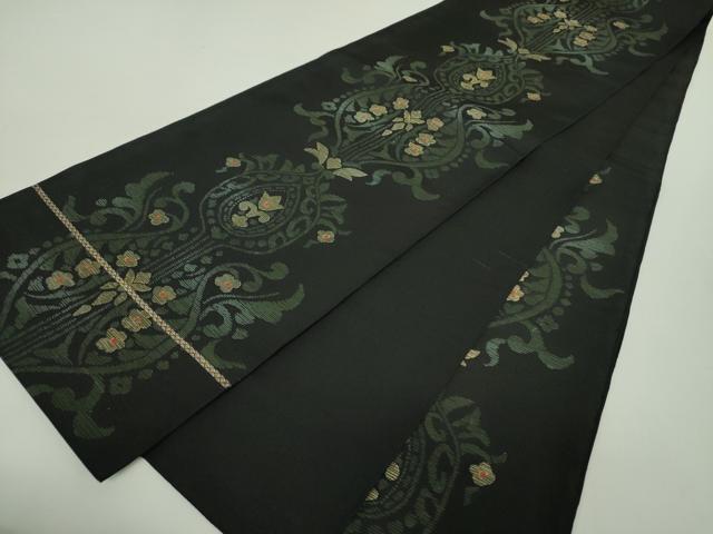 平和屋着物●六通柄　本袋帯　洋花文　黒地　金糸　正絹　逸品　DABA1778ps