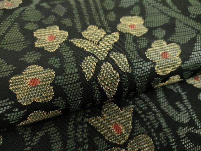 平和屋着物●六通柄　本袋帯　洋花文　黒地　金糸　正絹　逸品　DABA1778ps