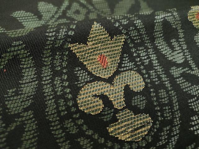 平和屋着物●六通柄　本袋帯　洋花文　黒地　金糸　正絹　逸品　DABA1778ps