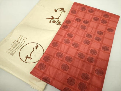 平和屋着物●銀座きしや　六通柄袋帯　格子花丸文　えんじ色　たとう紙付き　正絹　逸品　DABA1795ps