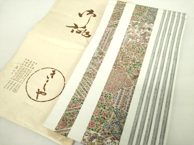 平和屋着物●銀座きしや　全通柄袋帯　紬地　切嵌更紗花文　扇面　たとう紙付き　正絹　逸品　DABA1797ps