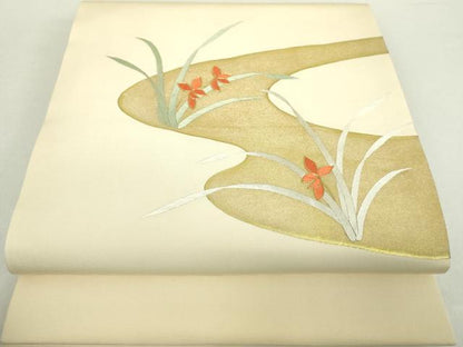 平和屋着物●銀座きしや　塩瀬　九寸開き名古屋帯　駒刺繍　草花文　薄黄色　金彩　たとう紙付き　正絹　逸品　DABA1798ps