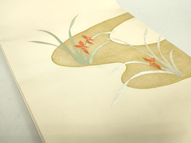 平和屋着物●銀座きしや　塩瀬　九寸開き名古屋帯　駒刺繍　草花文　薄黄色　金彩　たとう紙付き　正絹　逸品　DABA1798ps 平和屋着物○銀座きしや 塩瀬 九寸開き名古屋帯 駒刺繍 草花文 薄黄色