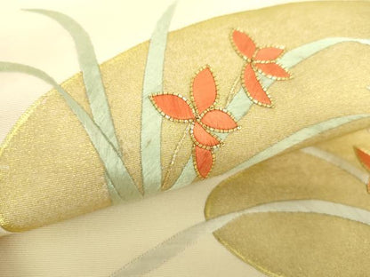 平和屋着物●銀座きしや　塩瀬　九寸開き名古屋帯　駒刺繍　草花文　薄黄色　金彩　たとう紙付き　正絹　逸品　DABA1798ps