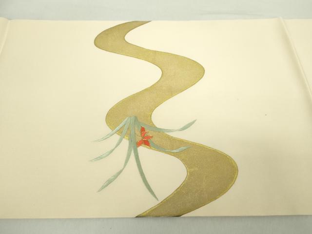平和屋着物●銀座きしや　塩瀬　九寸開き名古屋帯　駒刺繍　草花文　薄黄色　金彩　たとう紙付き　正絹　逸品　DABA1798ps