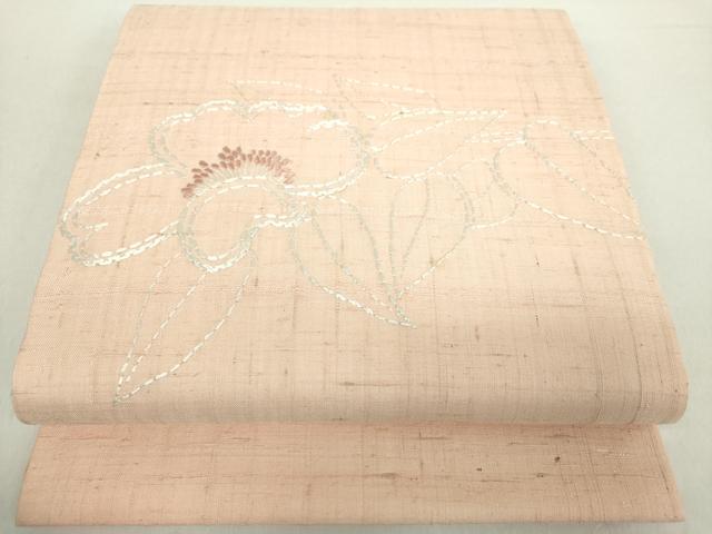 平和屋着物●銀座きしや　九寸開き名古屋帯　刺し子　総刺繍　生紬　草花文　たとう紙付き　正絹　逸品　DABA1799ps 平和屋着物○銀座きしや 九寸開き名古屋帯 刺し子 総刺繍