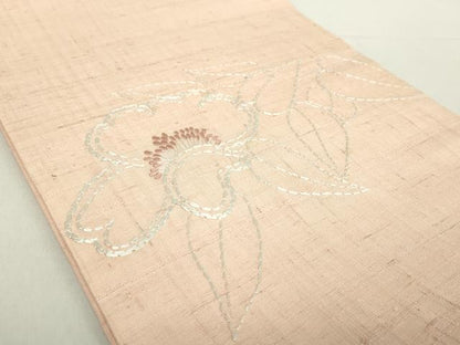 平和屋着物●銀座きしや　九寸開き名古屋帯　刺し子　総刺繍　生紬　草花文　たとう紙付き　正絹　逸品　DABA1799ps
