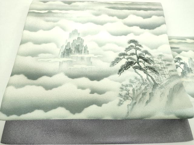 平和屋着物●九寸名古屋帯　手描き　霞風景文　銀通し地　正絹　逸品　DABA1806ps