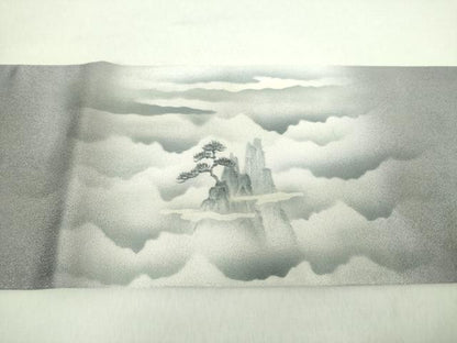 平和屋着物●九寸名古屋帯　手描き　霞風景文　銀通し地　正絹　逸品　DABA1806ps