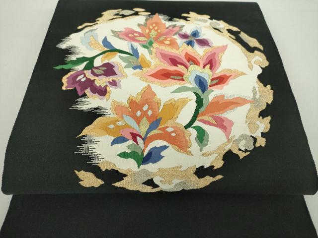 平和屋着物●爪掻き本綴れ　八寸名古屋帯　更紗花文　黒地　金銀糸　正絹　逸品　DABA1807ps