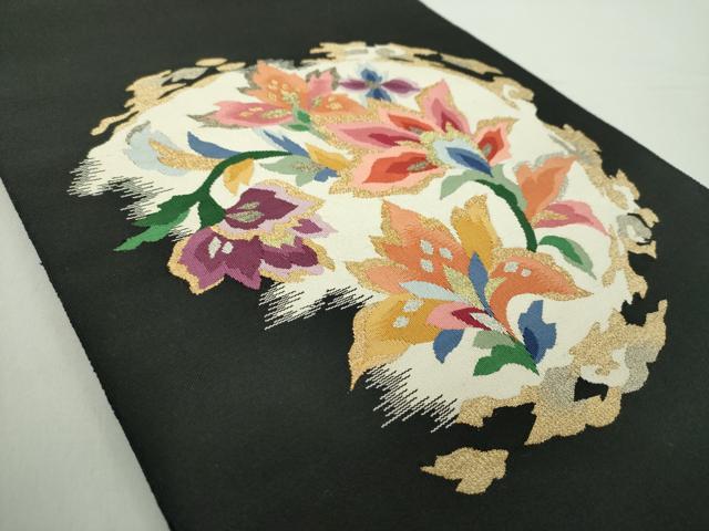 平和屋着物●爪掻き本綴れ　八寸名古屋帯　更紗花文　黒地　金銀糸　正絹　逸品　DABA1807ps