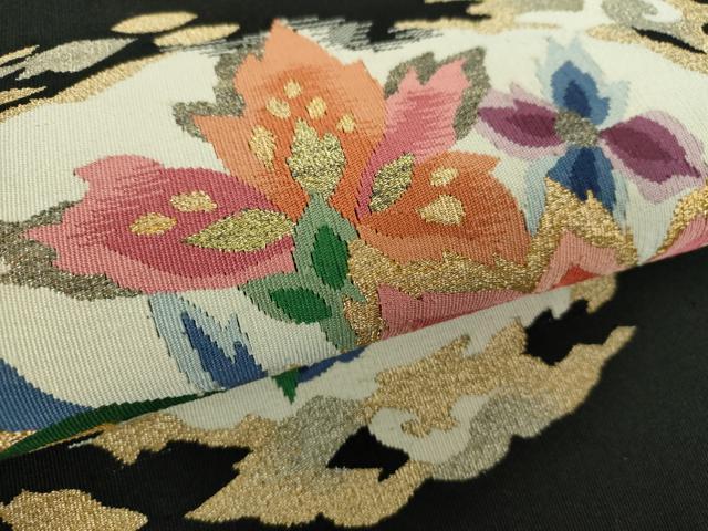 平和屋着物●爪掻き本綴れ　八寸名古屋帯　更紗花文　黒地　金銀糸　正絹　逸品　DABA1807ps