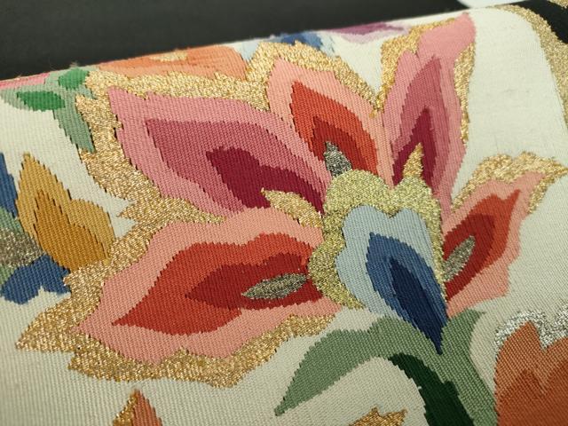 平和屋着物●爪掻き本綴れ　八寸名古屋帯　更紗花文　黒地　金銀糸　正絹　逸品　DABA1807ps