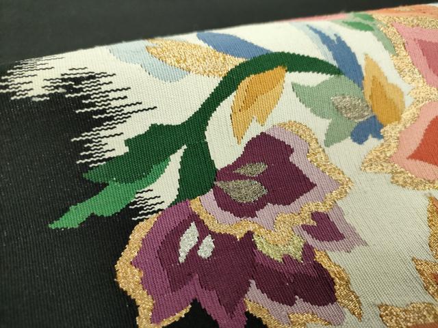 平和屋着物●爪掻き本綴れ　八寸名古屋帯　更紗花文　黒地　金銀糸　正絹　逸品　DABA1807ps