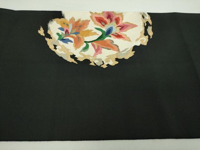 平和屋着物●爪掻き本綴れ　八寸名古屋帯　更紗花文　黒地　金銀糸　正絹　逸品　DABA1807ps
