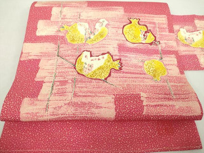 平和屋着物●東京友禅　熊谷好博子　塩瀬　九寸名古屋帯　刺繍　成り物　柘榴　たたき染め　正絹　逸品　DABA1808ps