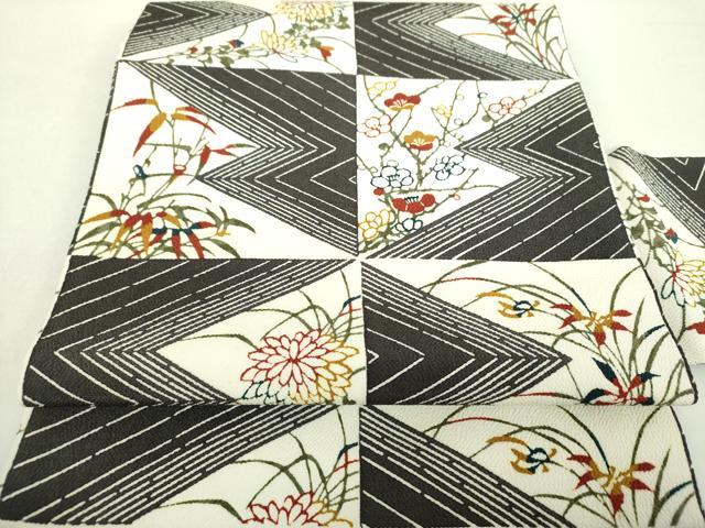 平和屋着物●全通柄九寸名古屋帯　型染　格子花文　鬼しぼ縮緬　正絹　逸品　未使用　DABA1814ps
