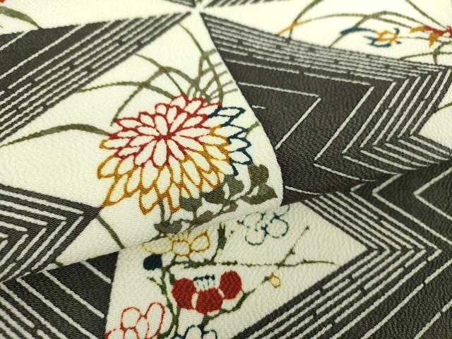 平和屋着物●全通柄九寸名古屋帯　型染　格子花文　鬼しぼ縮緬　正絹　逸品　未使用　DABA1814ps
