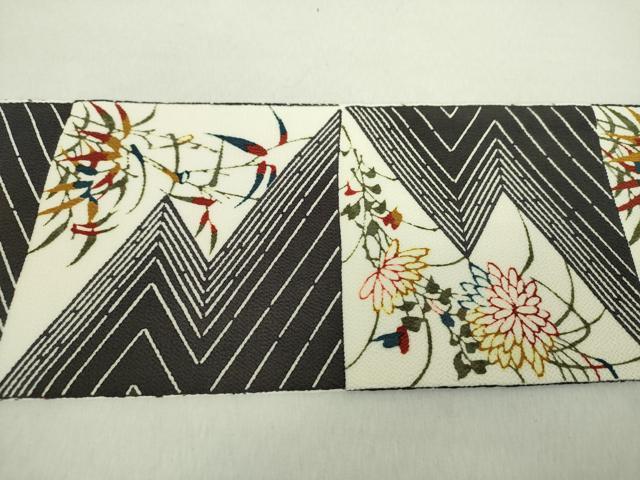平和屋着物●全通柄九寸名古屋帯　型染　格子花文　鬼しぼ縮緬　正絹　逸品　未使用　DABA1814ps