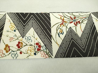 平和屋着物●全通柄九寸名古屋帯　型染　格子花文　鬼しぼ縮緬　正絹　逸品　未使用　DABA1814ps