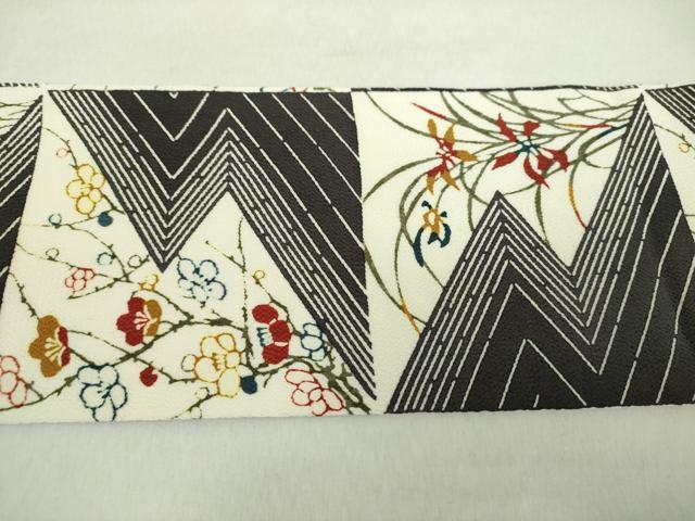 平和屋着物●全通柄九寸名古屋帯　型染　格子花文　鬼しぼ縮緬　正絹　逸品　未使用　DABA1814ps