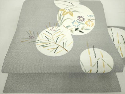 平和屋着物●中国三大刺繍　相良刺繍　九寸名古屋帯　手描き　花丸文　金彩　正絹　逸品　未使用　DABA1815ps