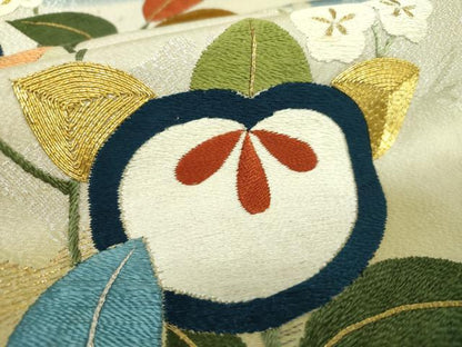 平和屋着物●アンティーク　大正ロマン　太鼓柄袋帯　駒刺繍　総手刺繍　橘　梅　金銀糸　正絹　逸品　DABA1819ps